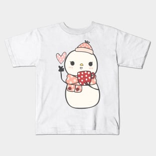Kawaii Christmas snowman with coffee Kids T-Shirt